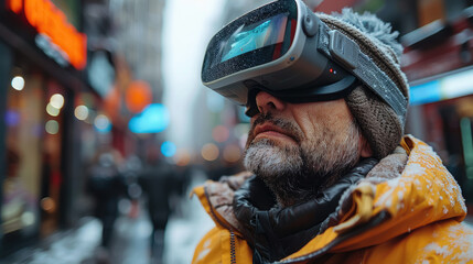 man in virtual reality glasses on a city street, spatial computer, mask, high technology, VR, device, person, people, portrait, online, game, Internet, future, electronic, 3D, three-dimensionally