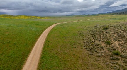 Fototapeta premium Dirt country road on a ranch and hills during the superbloom in Carrizo National Monument, Santa Margarita, California, United States of America.