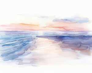 Imagine a watercolor painting capturing a simple, clean view of a tranquil beach at sunset, Clipart minimal watercolor isolated on white background
