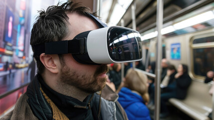 man in virtual reality glasses in a subway car, spatial computer, mask, high technology, VR, device, person, people, portrait, online, game, Internet, future, electronic, 3D, three-dimensionally, tube