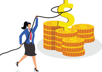 Seizing money, seizing opportunities, pursuing more income or higher profits, business challenges and incentives, businesswomen taking a lasso to huge dollar signs