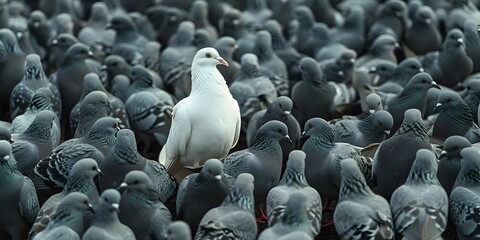 Obraz premium Lone White Pigeon Amidst Grey Flock Symbolizing Uniqueness and Leadership
