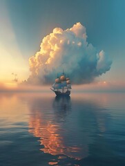 Sailing Ship on Calm Waters at Golden Hour

