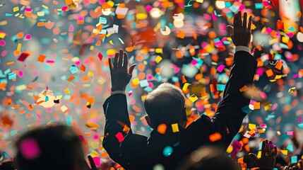 A victory parade for the newly elected president, with confetti raining down as the president waves to a cheerful crowd