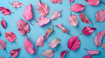 Pink Stained Leaf Impression Carnation flower petals on blue background.