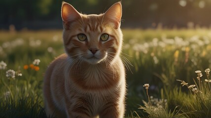 A cute cat standing in a field of flowers
