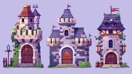 Isolated modern cartoon illustration of a fantasy kingdom house with stone brick walls, wooden gates, arch, towers, windows, and flags on top.