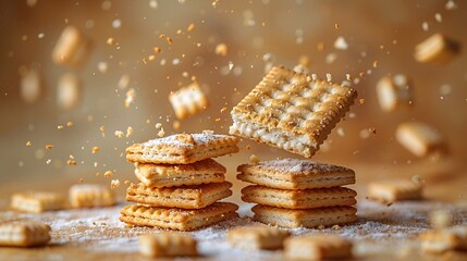 Delectable crispy square biscuits cascading on neutral backdrop.