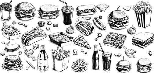 Fast food with vector line icons of hamburger, pizza, hot dog, beverage, cheeseburger. Restaurant menu background, tasty unhealthy lunch
