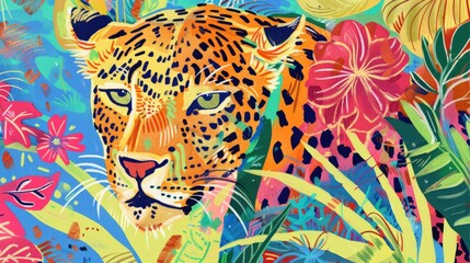 Obraz premium Eclectic leopard drawing, colourful lively patterns, minimalistic. Trendy animal background, print poster