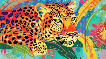 Eclectic leopard drawing, colourful lively patterns, minimalistic. Trendy animal background, print poster