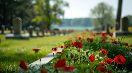 Fototapeta premium Across the nation, Memorial Day serves as a solemn reminder of the human cost of war, it's a time for families to visit cemeteries and memorials, paying respects to loved ones lost in service.