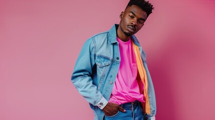 Young adult black man in bold hipster clothes posing front of the camera, African-American male model studio shot, background with copy space, diversity and different beauty concept AI generated imag