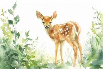 In this sweet watercolor painting, a baby deer frolics through a forest clearing, Clipart minimal watercolor isolated on white background
