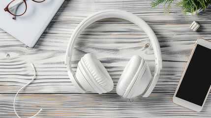 Modern white headphones with notebook and eyeglasses o