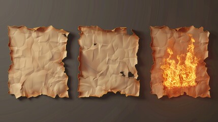 Realistic 3D modern set with burnt square paper sheets and burnt sticky notes on charred corners and ashes isolated on transparent background.