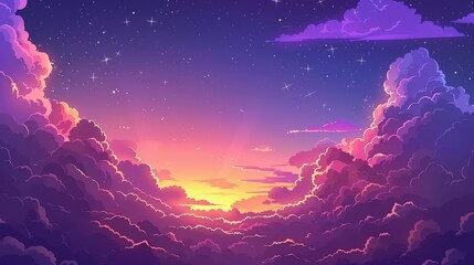 Dusk panorama with yellow, purple, pink and lilac light reflecting on the clouds, night sky with colorful clouds and stars. Universe, space modern mystery background.