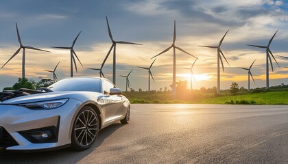 Sunset Cruise: Sports Car Silhouette against Wind Turbines