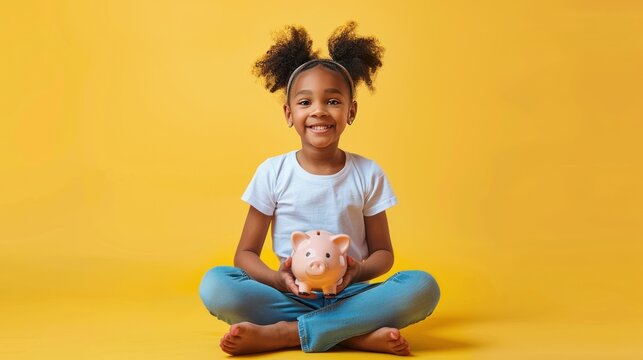 Kids learning finances, safe and invest money, financial education and awareness concept, African-American girl with kids credit card, background with copy space, AI generated image
