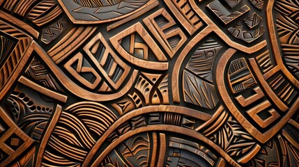 Abstract carving wooden background with organic whimsical shapes, African folk geometric motifs, natural eco colors and textures, lines, waves, holes on the wood surface, AI generated