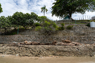 The steep shore of the sea coast is lined with stone in the form of terraces on which tropical trees grow.
