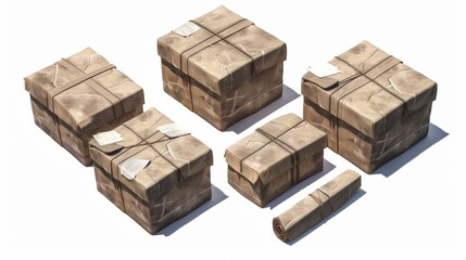 3D illustration of brown cardboard boxes, carton packages of parcels, post, and orders. Closed boxes isolated on white background with tape and labels for fragile cargo.