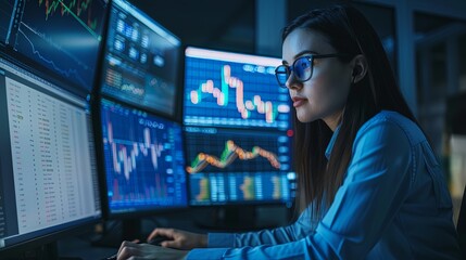 Successful Stock Trader: Confident young woman executing profitable stock trades on her computer, achieving financial success.
