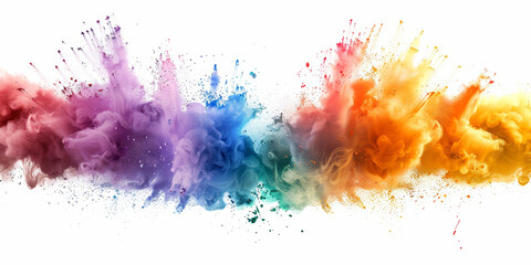 Obraz premium Vibrant color powder explosion on white background, Abstract image of colorful dust particles dispersing with dynamic motion effect