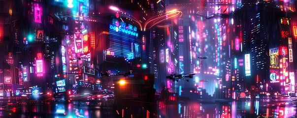 Capture the essence of a cyberpunk cityscape with nanodrones hovering at eye level, showcasing neon lights reflecting on slick, rain-soaked streets in a digital watercolor style