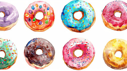 Fototapeta premium watercolor clip art of Floating donuts with pink glaze and sprinkles explosion , white background easy to cut out