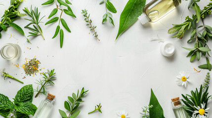 Natural cosmetics with herbal extract on white background