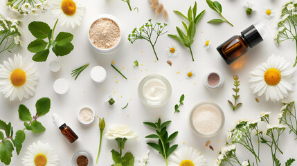 Fototapeta na wymiar Natural cosmetics with ingredients on white background