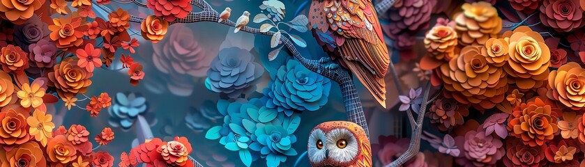 Craft an intricate paper-cut artwork showcasing a metallic owl perched atop a wireframe tree branch in a vibrantly-colored, whimsical forest setting, evoking wonder and innovation