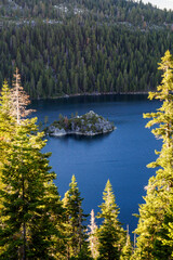 view from above to an small island in the middle of the emerald bay at sunset in Lake Tahoe 