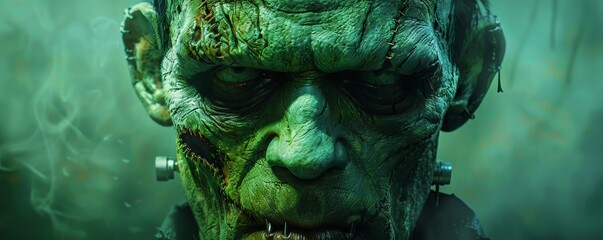 Artwork featuring the classic monster Frankenstein. His ugly face is green and stitched together.
