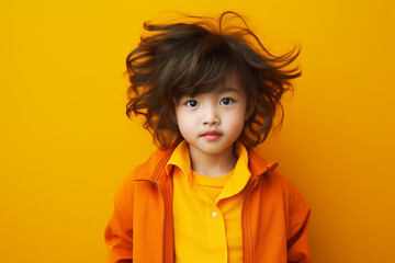 beautiful asian kid with solid color background. hair. lifestyle