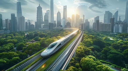 A modern city with high speed railways, lush green parks, towering skyscrapers. Generative AI.