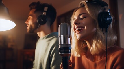 Two young people enjoying singing with microphones performing a song. Man and woman singers