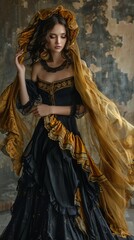 art portrait in renaissance style of girl in black dancing with golden veil