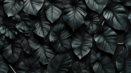 Abstract black leaf textures for a tropical leaf backdrop. Tropical leaf, artificial AI, gloomy nature theme, and flat lay