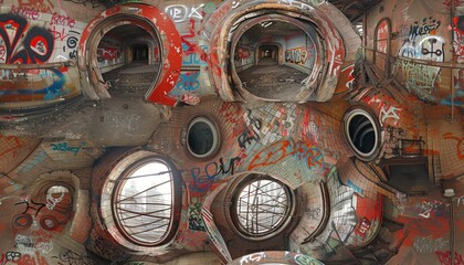 Fototapeta premium Experience the grit of gritty urban Exploration in a VR labyrinth Engage with multi-dimensional graffiti, capturing the raw essence of the unseen cityscape