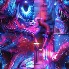 Experience the immersive world of Virtual Reality Adventures set in surreal street art Capture a close-up shot of a vibrant