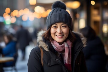 Fototapeta premium Portrait of a happy asian woman in her 40s dressed in a warm ski hat on bustling city cafe