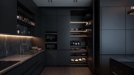 A monolithic, jet black kitchen with seamless, handleless cabinetry, backlit onyx countertops, and a hidden, walk-in pantry.