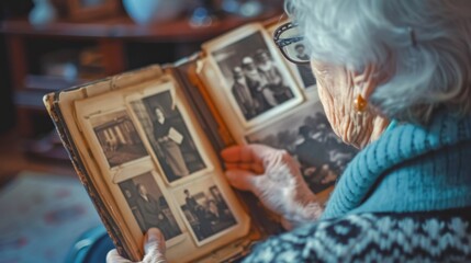 Elderly woman browsing through old photographs in a family photo album, nostalgia concept