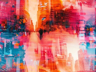 Obraz premium Explore unexpected camera angles in urban landscapes intertwined with artificial intelligence breakthroughs Utilize vibrant colors in a watercolor style to depict a harmonious coex