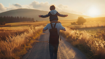 A father carrying his son on his shoulders walks along an empty road through nature, both have their arms outstretched towards the sky in the morning light - Powered by Adobe