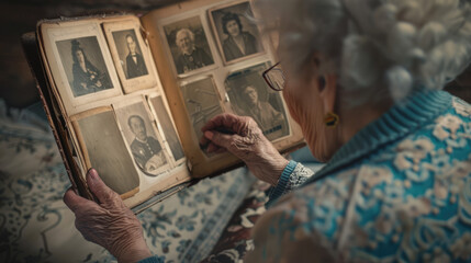Elderly woman browsing through old photographs in a family photo album, nostalgia concept