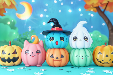 Naklejka premium set of 3D friendly cartoon colorful pumpkins celebrating Halloween