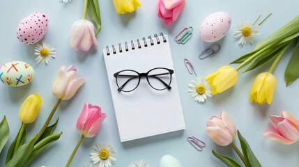 Notebook with eyeglasses Easter eggs and tulips on white